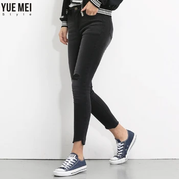 YueMei style 2017  Woman Ripped Hole Skinny Jeans Plus Size Mid Waist Cotton Denim Pencil trousers for women