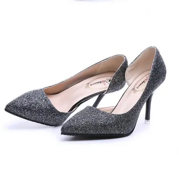 Women's shoes 2017 brand OL sequin crystal side empty pointed high heels fine with sexy nightclub shallow mouth wedding shoes