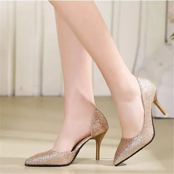 Women's shoes 2017 brand OL sequin crystal side empty pointed high heels fine with sexy nightclub shallow mouth wedding shoes