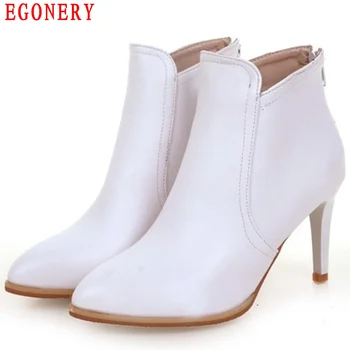EGONERY Zipper Faux Leather Pointed Toe Stiletto Thin High Heels Womens Ankle Shoes Spring Autumn Boots