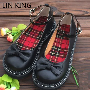 LIN KING Spring Autumn Women Mary Janes Pumps Casual Wedges Lolita Shoes Solid Round Toe Buckle Retro Single Shoes Cosplay Shoes