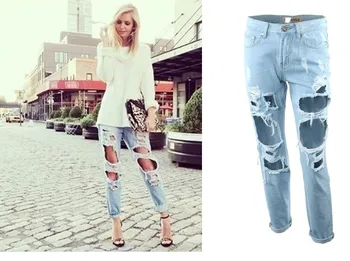 Women's Vintage boyfriend slouchy Big Ripped Destroyed Washed Out jeans Denim Distressed punk rock trousers pants for women