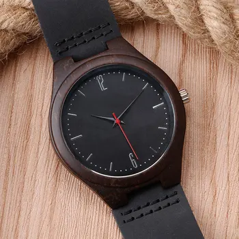 Luxury Nature Wooden Watch Minimalist Bamboo Black Genuine Leather Fashion Men Cool Quartz Analog Wrist Watch Novel Clock Gift