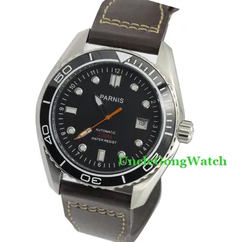 45mm Parnis Mens Diving Watch Black Dial 20 ATM Waterproof Ceramic Bezel Automatic Wristwatch Leather Strap Timepiece PA4502SB