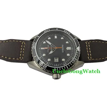 45mm Parnis Mens Diving Watch Black Dial 20 ATM Waterproof Ceramic Bezel Automatic Wristwatch Leather Strap Timepiece PA4502SB