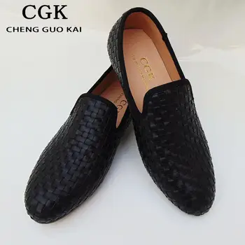 New Men Suede Shoes Soft Weave Leather Hight Quality Handmade Brand Men Red Bottom Shoes Loafers Fashion Men Casual Shoes Black