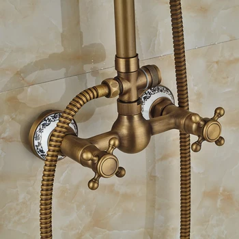 Antique Brass In-wall Outdoor Bath & Shower Faucets Set Dual Handle 8