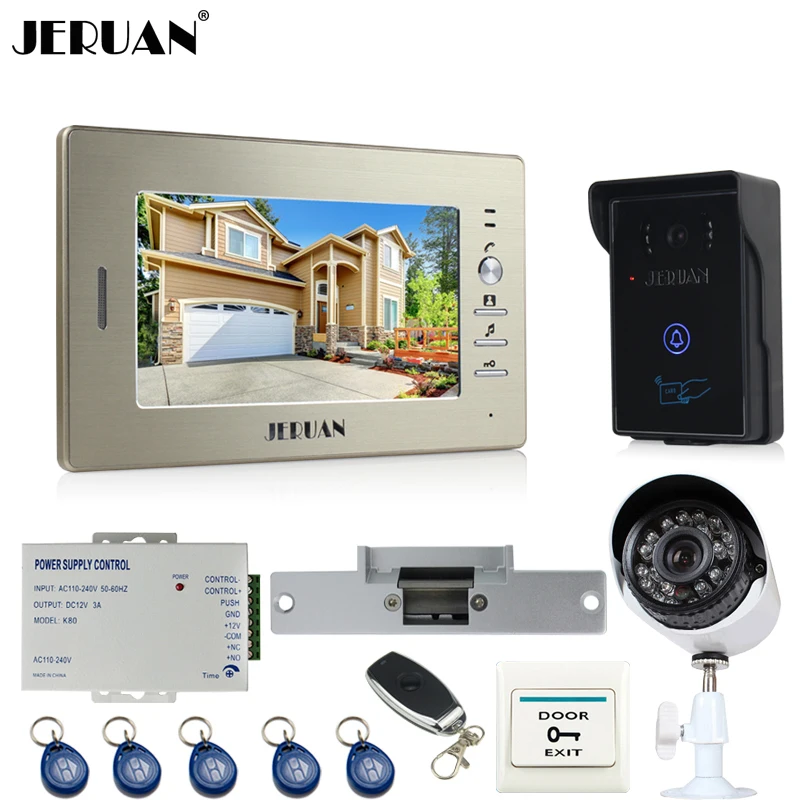 JERUAN NEW 7 inch LCD video door phone intercom System monitor brand new RFID waterproof Touch Camera+700TVL Analog Camera