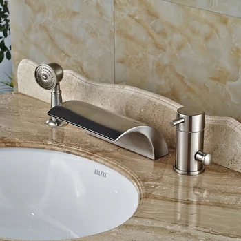 New Design Waterfall 3pcs Bath Tub Faucet Set + Pull Out Hand Shower Brushed Nickel Deck Mount 3 Hole