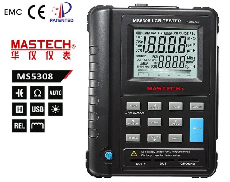 LCR Tester Handheld Autorange rofessional Auto Range Digital LCR Meter Inductance Capacitance Resistance Tester Mastech MS5308