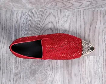 Metal Pointed Toe Slip On Men Loafers Luxury Rhinestone Red Wedding Dress Shoes Mens Flats Party Espadrilles Creepers