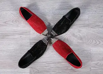 Metal Pointed Toe Slip On Men Loafers Luxury Rhinestone Red Wedding Dress Shoes Mens Flats Party Espadrilles Creepers