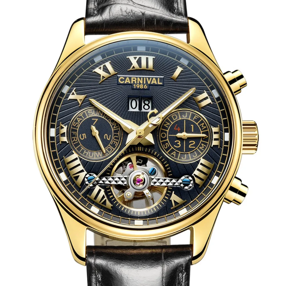 Carnival Mens Multifunction Holllow-out Dial Leather Watchband Automatic Self-Wind Mechanical Watch - gold bezel black dial