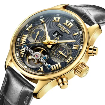 Carnival Mens Multifunction Holllow-out Dial Leather Watchband Automatic Self-Wind Mechanical Watch - gold bezel black dial