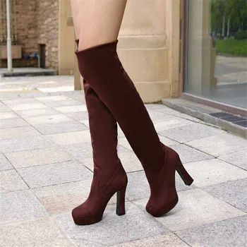 Special offer women autumn winter sexy flock warm fur over the knee platform square high heels long boots ladies boot booties F1
