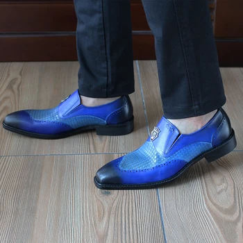 FELIX CHU Mens Luxury Formal Dress Shoes Genuine Cow Leather Crocodile Skin Style Fashion Loafers Flat Heel Blue Shoes 1815-011