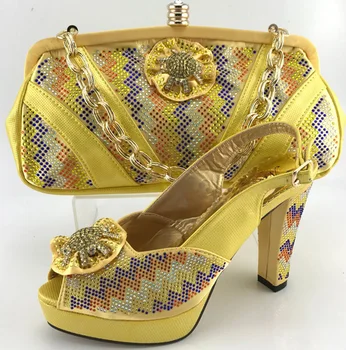 Hot Selling Nigeria Style Woman Shoes And Bag Set Africa Fashion High Heels Shoes And Bag Set For Party Wholesale Yellow ME6611