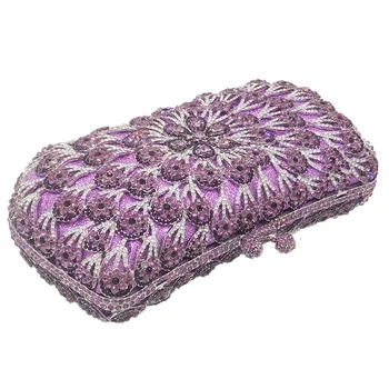 Socialite Purple Crystal Clutch Evening Bags For Women Mini Handbags Hollow Out Diamond Party Wedding Clutch Bridal Shoulder Bag