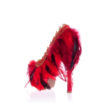 New Feather Red Wedding Shoes Bridal Sexy Lace High Heel Shoes Luxury Feather Genuim Leather Platform Shoes Plus Size 43