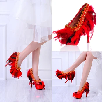 New Feather Red Wedding Shoes Bridal Sexy Lace High Heel Shoes Luxury Feather Genuim Leather Platform Shoes Plus Size 43