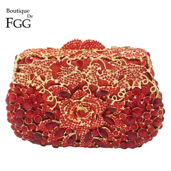 Rose Flower Red Crystal Clutch Evening Bags Handbags Women Bag Party Dinner Gold Metal Clutches Hollow Out Wedding Bridal Purses
