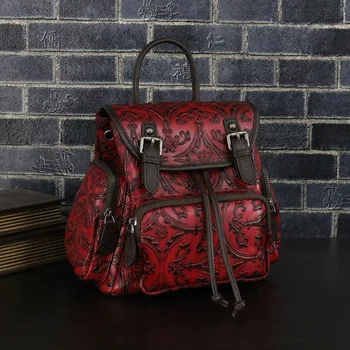 Genuine leather women high class backpack VINTAGE England style cow leather knapsack cowhide national flower emboss backpacks