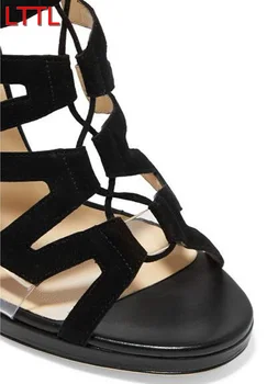 2017 shoe Black Leather Sandals Perspex High Heels Gladiator Sandals Cuts Out Lace Up Sandals Wedding Gift Celebrity Shoes