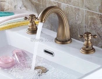 Bathroom Basin Sink 3 Hole Antique Brass Gooseneck Faucet / Dual Cross Handles Deck Mounted Vessel Sink Mixer Taps Wnf009