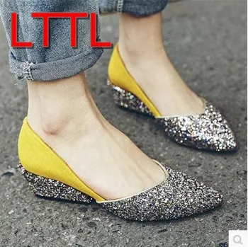 2017 Women pointy toe wedge pumps glitter Leather platform HIgh Heels patchwork style Party shoes Cuts Out pumps D'Orsay