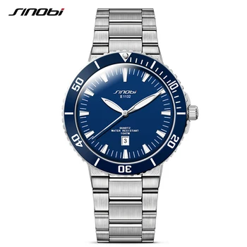SINOBI Men's Diving Wrist Watches 10Bar Waterproof Stainless Watchband Top Luxury Brand Male Sports Quartz Watch Clock