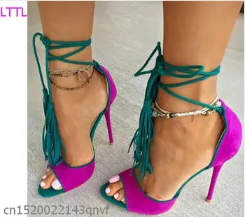 Hot selling open toe lace-up sandal sexy suede fringed high heel sandal mixed colors thin heels sandal summer gladiator sandal