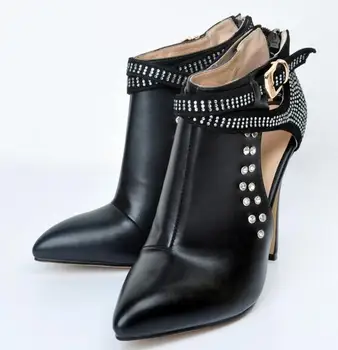 Big Size Hottest Black Leather Pointed Toe Crystal Ankle Bootie High Heel Cut-out Gladiator Sandals Boots For Women Dress shoes