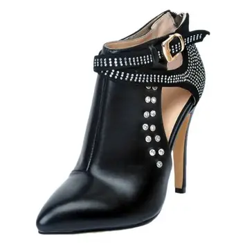 Big Size Hottest Black Leather Pointed Toe Crystal Ankle Bootie High Heel Cut-out Gladiator Sandals Boots For Women Dress shoes