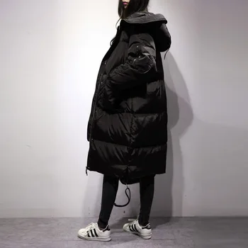 Women 2017 Korea Fashion Hooded Big Pocket Loose Thicken Long Down Feather Black Plus Size Winter Coat TC957