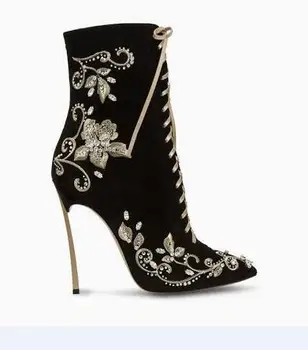 2017 Spring sexy high heel cross-tied stilettos pointed toe thin heel women shoes casual&dress shoes with embroidery black