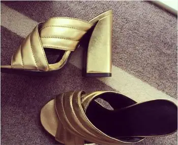 Brand Designer Leather Summer Shoes Women Square High Heel Slides Vintage Gladiator Sandals Wholesale Drop Shipping