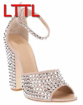 Hot selling newest bling bling crystal thick heel sandals buckle strap rhinestones women high heel wedding shoes