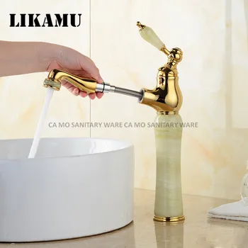 Gold finished bathroom basin faucet,sink tap mixer with pull out shower head