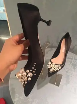 Newest rivets studded high heel shoes pointed toe pearls beaded woman pumps sexy stiletto heels for woman wedding heels