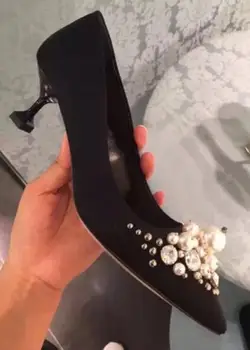 Newest rivets studded high heel shoes pointed toe pearls beaded woman pumps sexy stiletto heels for woman wedding heels