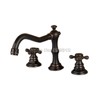 3 Hole Deck Mounted Bathroom Basin Sink Faucet Classic Black Oil Rubbed Bronze Dual Cross Handles Vessel Sink Mixer Taps Whg004