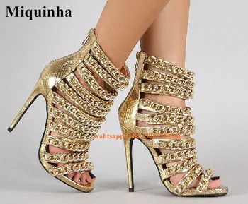 Women Fashion Design Gold Chain High Heel Sandals Zipper-up Open Toe Gladiator Sandals Dress Shoes Evening Pumps