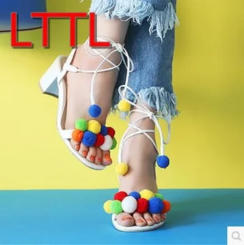 2017 New Summer Fashion Women Sandals Beautiful Fur Ball Lady Shoes Lace Up Gladiator Sandals Open Toe Square Heel Wedding