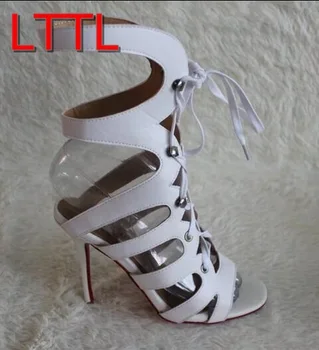 2017 shoe New Cuts Out Sandals Boots Thin Heel Open Toe Gladiator White Sandals Summer Lace Up Sandals Dress Shoes