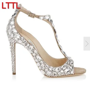 Shoe Women Rhinestone Stud Peep Toe Pumps Glitter Diamond High Heels With Pearl T Strap Pumps Wedding Fish Toe Cinderella Shoes