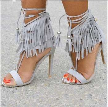 European style fashion fringe women sandals black gray high heels women's shoes ankle strap zapatos mujer 2017 summer pumps