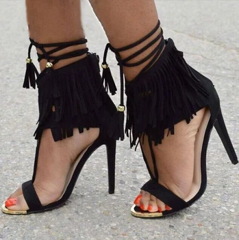European style fashion fringe women sandals black gray high heels women's shoes ankle strap zapatos mujer 2017 summer pumps