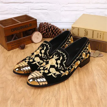 Embrodiery Floral Black Fashion Genuine leather Slip On Men Brogue Shoes Flower Embellished Casual Party Flat Shoes