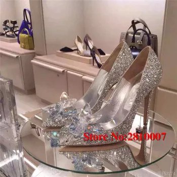 Hot Selling Cinderella Crystal Covered Pointed Toe Pumps Bling Glisten Crystal Flower Design High Heel Dress Shoes Woman Wedding