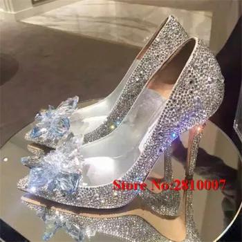 Hot Selling Cinderella Crystal Covered Pointed Toe Pumps Bling Glisten Crystal Flower Design High Heel Dress Shoes Woman Wedding